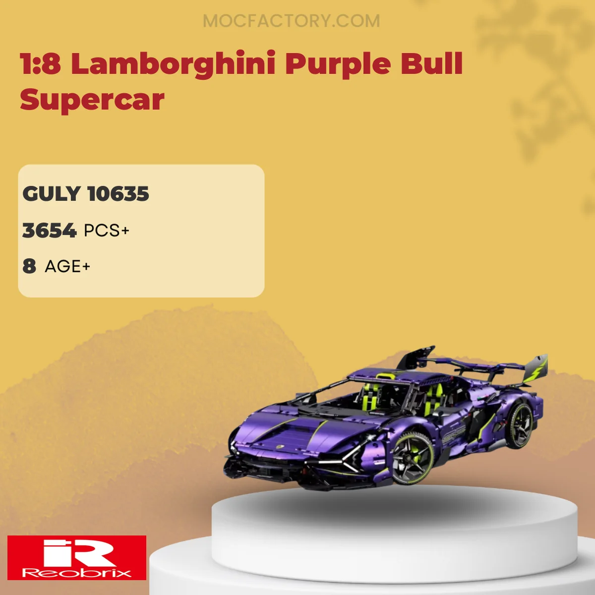 REOBRIX 10635 1:8 Lamborghini Purple Bull Supercar Model Bricks